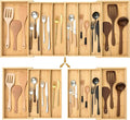 Kathfly Extra Large Drawer Organizer Kitchen Utensils Expandable 21.4 to 36 Inches Wid, Adjustable Bamboo Silverware Tray Cutlery Utensile Flatware Organizer Holder Drawer Divider for Spoons and Forks
