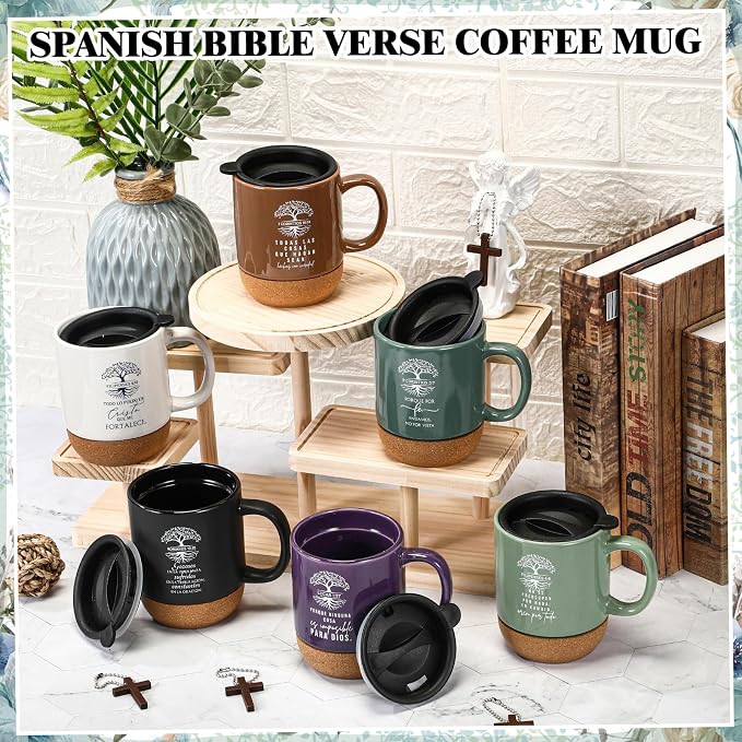 Jingmore 10 Pcs Christian Gift Bulk Religious Mugs with Bible Verse Coffee Cup 15oz for Teacher Nurse Women Men Church Member Employee Mom Dad Clergy Pastor(Spanish Tree of Life)