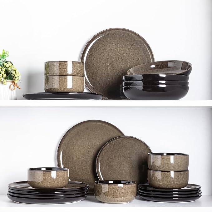 LeRatio Ceramic Dinnerware Sets for 6,Poreclain Plates and Bowls Sets,Handmade Reactive Glaze Dishes Set,Chip Resistant and Scratch Resistant | Oven&Dishwasher & Microwave Safe-Chestnut(18PCS)
