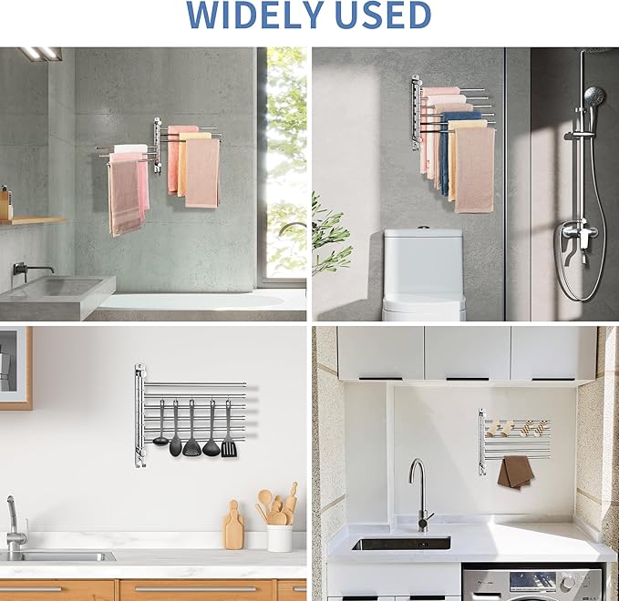 Swivel Towel Rack, 12.6 Inch Towel Bar with Wall Mounted 180° Rotation, 6 Arms Towel Hanger SUS 304 Stainless Steel, Space Saving for Kitchen, Bathroom, Outdoor, Mirror Polish