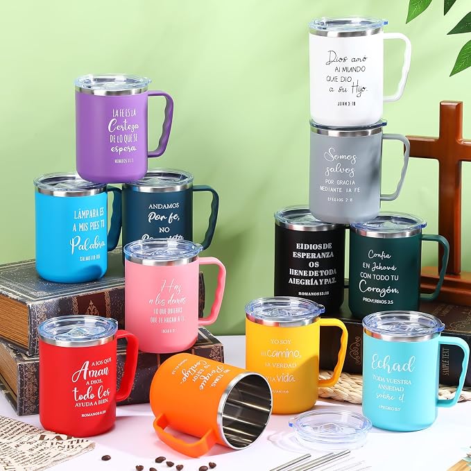 Sieral 12 Pcs Christian Gifts Coffee Mugs with Straw Lid 17 oz Religious Cups with Bible Stainless Steel Tumbler Inspirational Gifts for Women Men Pastor's Church Group(Multiple Colors,Spanish)