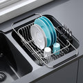 Apartment RV Small Dish Drainer Drying Rack Over The Sink In Stainless Steel for Narrow Kitchen, Counter Space Saving Compact Expandable Metal Dish Dryer Strainer, Adjustable Hanging Wire Drain Holder