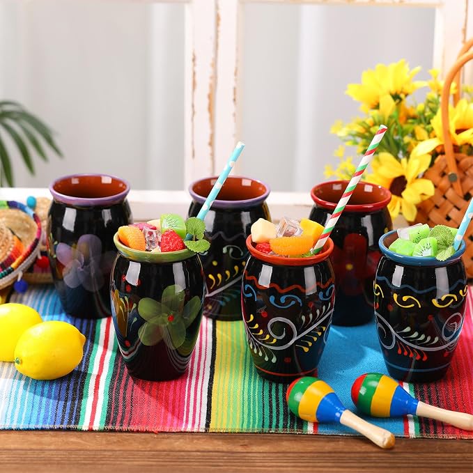 Gejoy 12 Pack 12oz Cantaritos de Barro Mexicanos Mexican Clay Cup Pottery Fiesta De Barro Mexicanos Cocktail Cups Coffee Mugs Cocktail Tea Glasses for Margaritas Mojitos (Dark,Black)