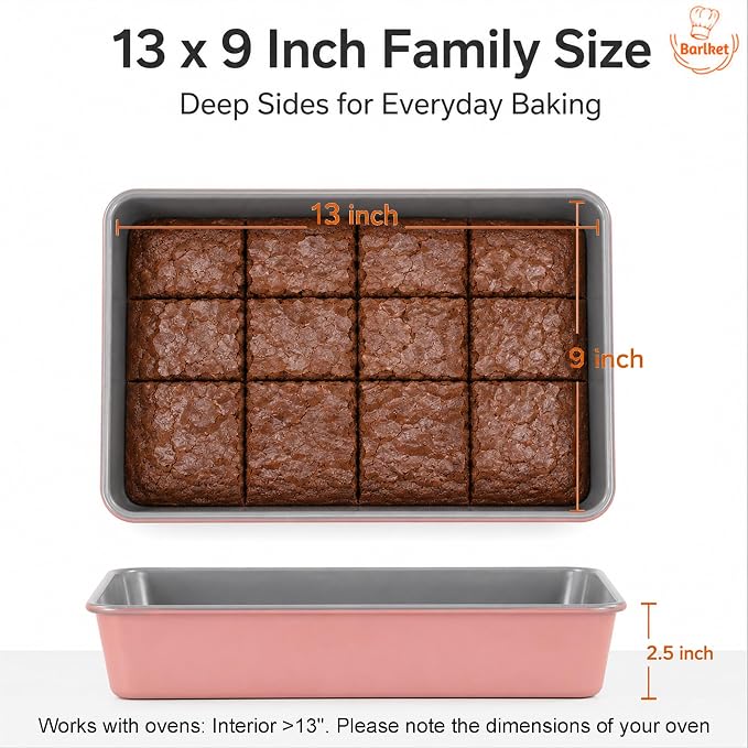 9x13 Inch Baking Pan 2 Pack, Heavy Duty Carbon Steel Lasagna Pan, 2.5 Inch Deep Nonstick Rectangular Cake Pans for Brownies, Casserole & Roasting, Pink Exterior with Gray Interior
