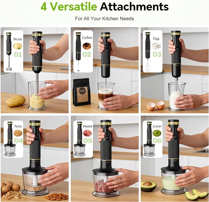1200W Immersion Blender Handheld, 5-in-1 Variable Speed Emulsifier Hand Blender Stick with Whisk Chopper Milk Frother Mixing Cup and Storage Rack for Kitchen Soup, Purees, Baby Food and Smoothies
