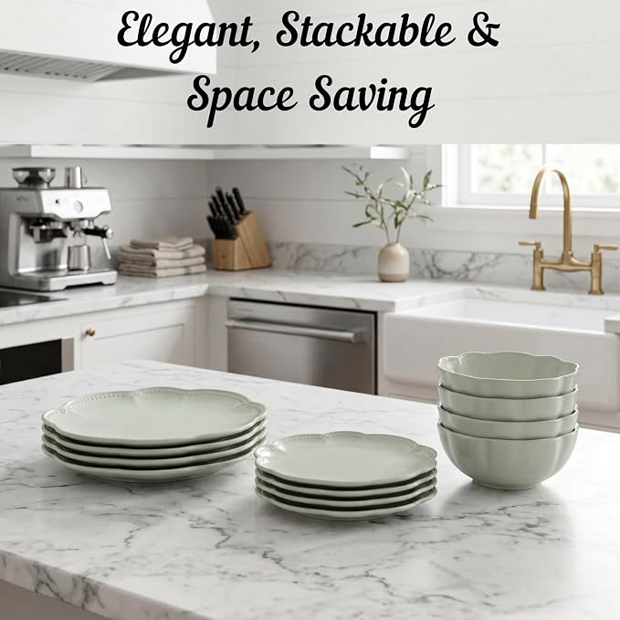 Sango 12 Pieces Scalloped Dinnerware Set, Sage Green Dishes for 4, Premium Serving Plates & Bowls Sets, Chip Resistant, Ceramic Dishware, Kitchen Dish, Microwave & Dishwasher Safe, Bethany