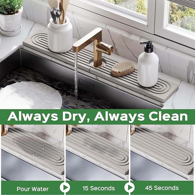 23.6 Inch Stone Faucet Mat for Kitchen Sink Splash Guard - Diatomite Quick Dry Stone Mat Kitchen Sink Protectors, Water-Absorbent Faucet Handle Drip Tray (Gray, 23.6" x 3.9")