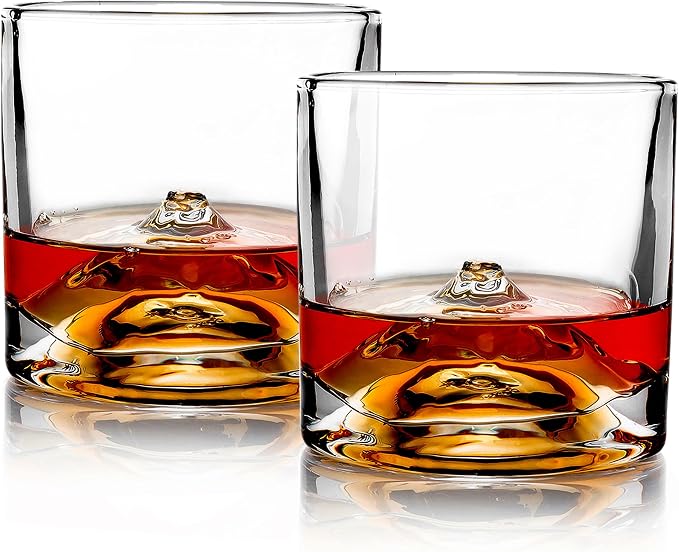 LIITON Mount Fuji Heavy Crystal Whiskey Glasses Gift Set of 2, Thick Freezable Bourbon Glass 1lb Each, Premium Whiskey Gifts for Men, Frozen Crystal Chills Cocktails, 10 oz