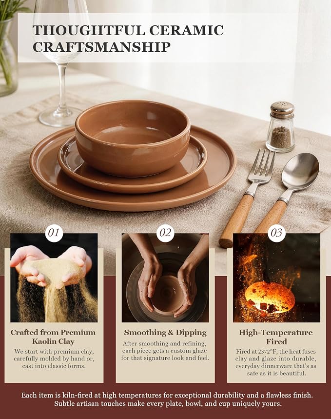 OTAGO 24-Piece Brown Stoneware Dinnerware Set for 6 with Mugs, Plates and Bowls Sets with Partially Unglazed Base, Scratch Resistant Ceramic Dish Set, Microwave & Dishwasher Safe for Kitchen