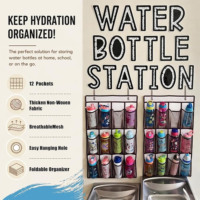Eaasty 2 Pack Water Bottle Holder Organizer with Water Bottle Station Stickers, 29.13" x 17.72" Mesh Pocket Storage for Classroom Door Hanging Organizer Includes Hooks for Back to School Supplies