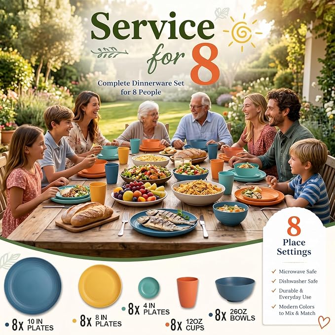 Wrova Plates and Bowls Sets 40-Piece, Unbreakable Wheat Straw Dinnerware Sets for 8, Lightweight Dishware Sets Microwave Safe- Deep Plates/Cereal Bowls/Cups Set/Soy Sauce Dish for Kitchen,RV- Colorful