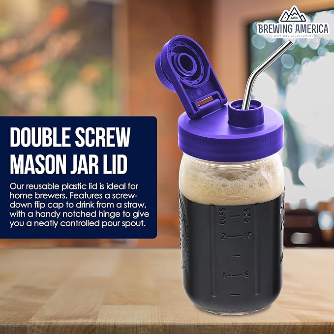 Brewing America Glass Mason Jar Pitcher with Lid - Mason Jars, 1 Quart (32 oz) with Violet Purple Wide Mouth Pour Lid, for Smoothie, Boba Cup, Sun Tea, Cold Coffee Glass Tumbler, 2-Pack
