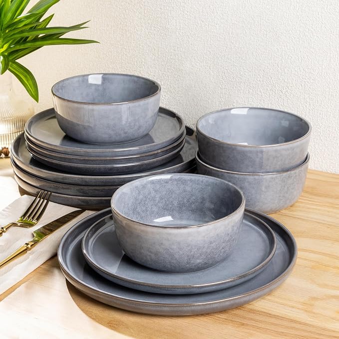 AmorArc Stoneware Dinnerware Sets,Round Reactive Ceramic Plates and Bowls Sets,Highly Scrath Resistant | Dishwasher & Microwave Safe Dishes,Service for 4 (12pc)