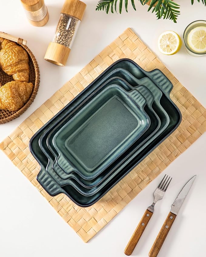 vancasso Ceramic Casserole Dishes for Oven, Reactive Glaze Bakeware Set of 4, Deep Rectangular Baking Dishes with Handles, Lasagna Pan Set, Microwave & Dishwasher Safe, Green (9.4"/11.1"/12.2"/14.7")