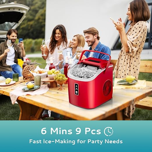 EUHOMY Countertop Ice Maker Machine with Handle, 26.5lbs Per Day, 9 Cubes in 6 Mins, Auto-Cleaning Portable Ice Maker with Basket and Scoop, for Home/Kitchen/Camping/RV (Red)