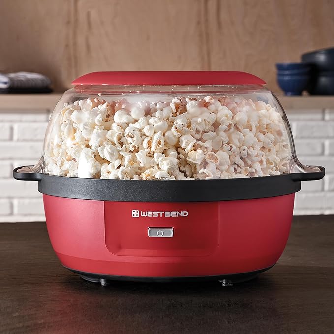 West Bend Stir Crazy Hot Oil Popcorn Popper, Popcorn Maker Machine with Large Serving Bowl Lid and Stirring Rod, 6-Qt., Red
