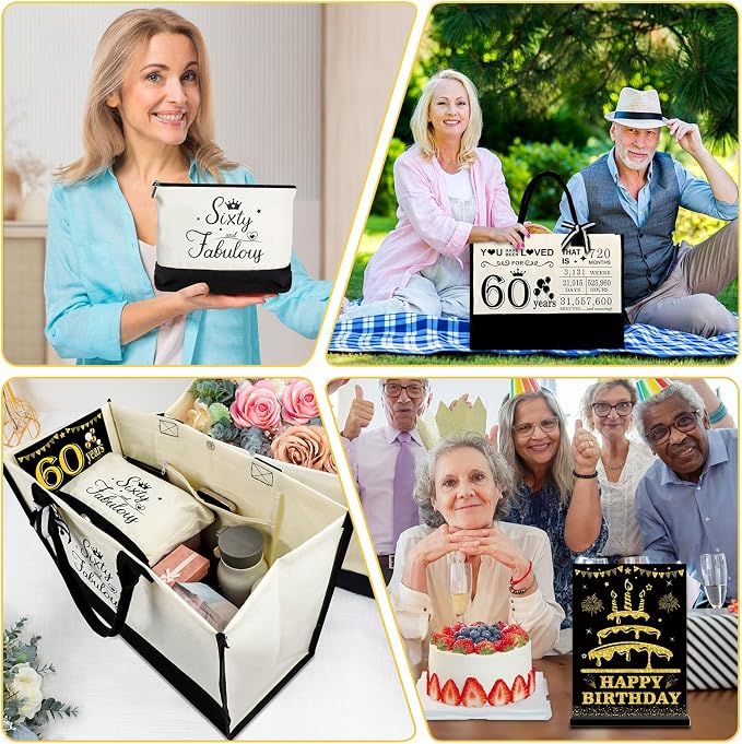 YeohJoy 60th Birthday Gifts for Women 60 and Fabulous Canvas Tote Bag Travel Gear, Unique 60 Years Old Gifts for Wife Sister Mom Aunt Friends Her, Handbag & Cosmetic Bag & 60 Birthday Poster