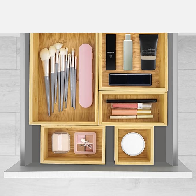 VaeFae 5 PCS Bamboo Drawer Organizers Set, 5-size Organizer Box, Storage Bins for Kitchen, Bathroom, Office, Bedroom and Living Room