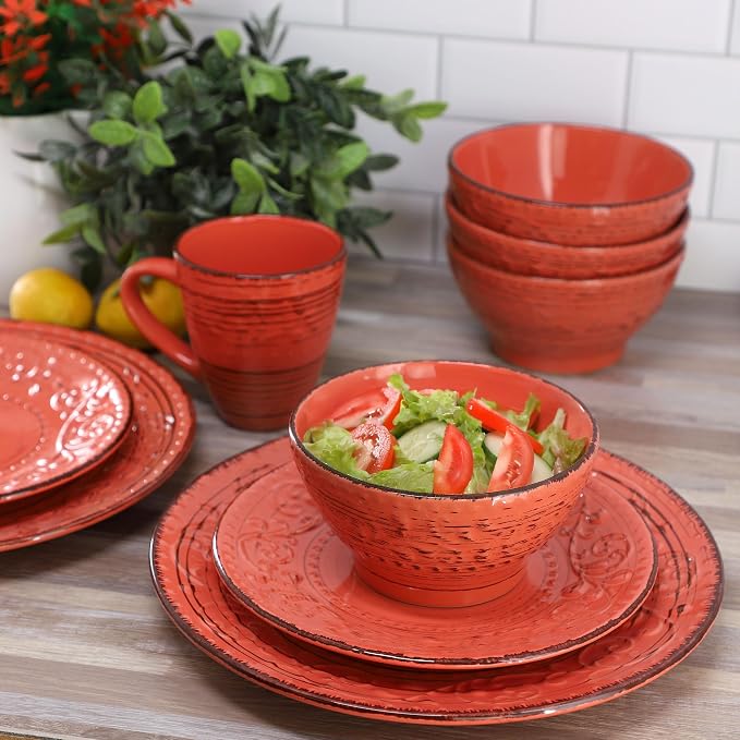 Elama Malibu Jasper 16-Piece Stoneware Embossed Pattern Reactive Glaze Orange Dinnerware Set, Tableware, Serveware Set (Jasper Orange)