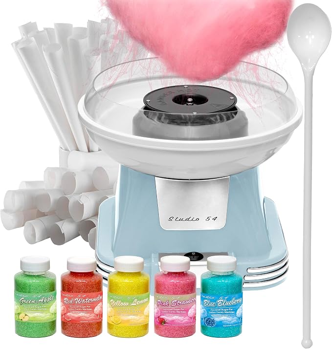 Retro Cotton Candy Machine with 5 Jars (11oz Each) Floss Sugar, 50 Paper Cones, Easy Cleanup Cotton Candy Maker, Durable Retro Design, Makes 20–30 Servings per Jar, BPA & Lead Free