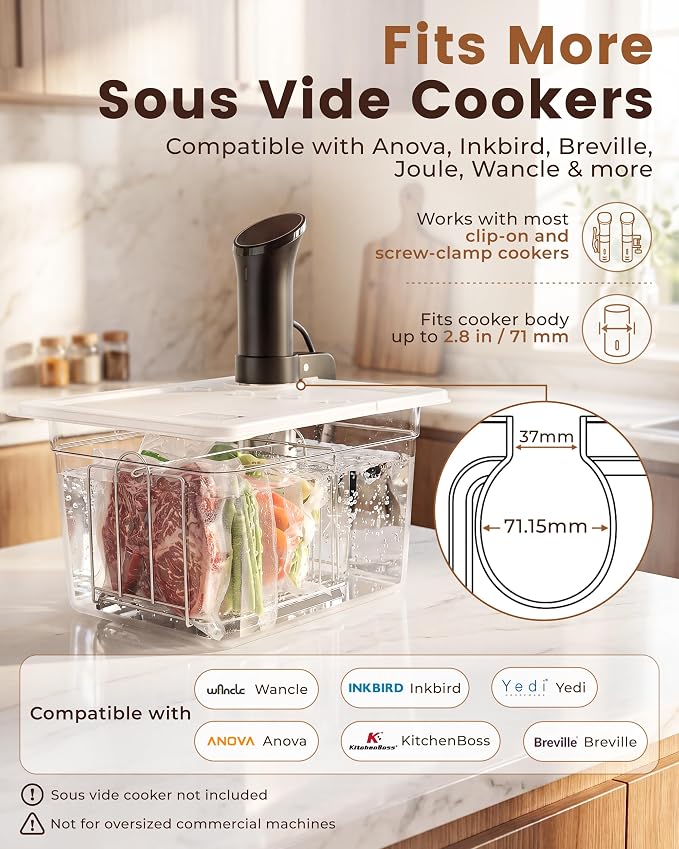 EVERIE Sous Vide Container with Lid and Rack, 12 Quart Sous Vide Container Kit with Universal Collapsible Hinged Lid, Compatible with Anova, Inkbird, Breville, Joule, Wancle and Most Clip-On Sous Vide Cookers