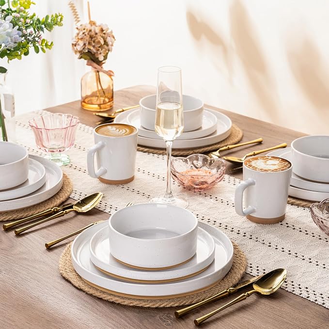AmorArc Ceramic Dinnerware Set for 8 | Speckled Stoneware Plates and Bowls with Rustic Terracotta Underside| Scratch Resistant,Dishwasher & Microwave Safe Dishes Sets- 24pcs White