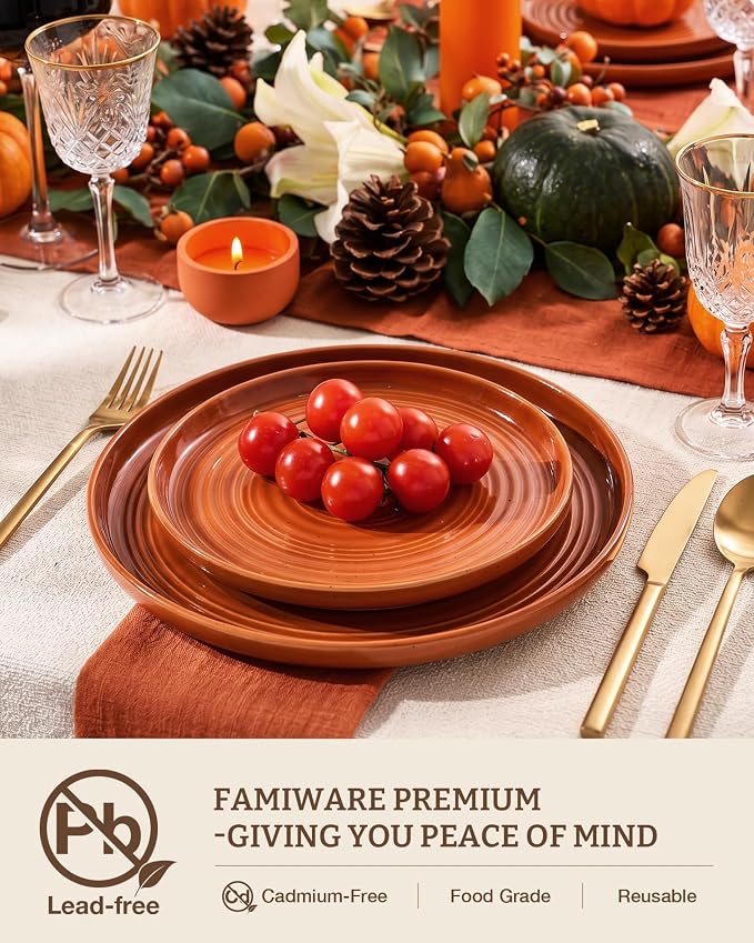 12-Piece Stoneware Dinnerware Sets for 4 - Coupe Plates and Bowls with Speckles & Spirals - Chip & Scratch Resistant, Microwave & Dishwasher Safe - Farmhouse Dishes, Terracotta