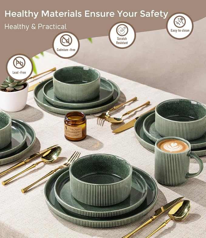 GBHOME 12-Piece Stoneware Dinnerware Set for 4 – Ribbed Ceramic Plates and Bowls, Scratch-Resistant, Microwave & Dishwasher Safe, Reactive Glaze, Dark Green