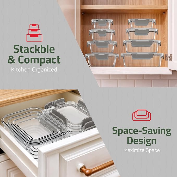 Emporio Kitchen Borosilicate Glass Food Storage Containers with Lids 24 Pieces, BPA-Free Stackable Lunch & Leftover Containers, Microwave, Freezer & Dishwasher Safe, 100% Airtight Leak-Proof, Gray