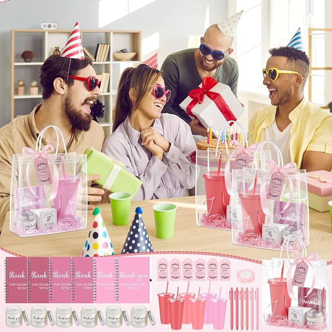 Nuogo 6 Sets New Parent Shower Prizes for Player Winners Adult, Wedding Bridal Shower Gift, Plastic Tumbler Notebook Scented Candle Ballpoint Pen Bag (Gradient Pink,Classic Style)