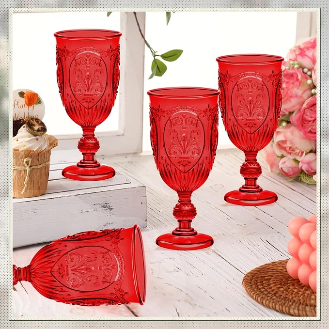 Wiwiqing 24 Pcs Plastic Goblets 7.5oz Vintage Goblet Plastic Wine Glasses Colored Retro Embossed Water Goblets for Wine Bar Juice Baby Shower Wedding Reception Grand Event Party (Red)
