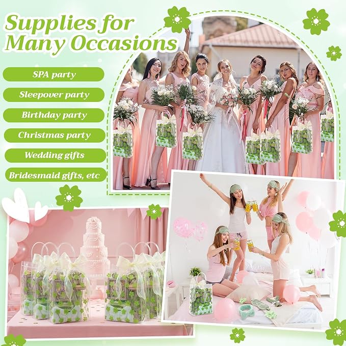 Vesici 73 Pcs Spa Sleepover Party Supplies Bulk Women 8 Sets Slumber Birthday Bridesmaid Gift Crochet Flower Glass Cup Eye Mask Hair Ties Gift Bag Bracelets Scrunchies Headband(Cherry Blossoms,Green)