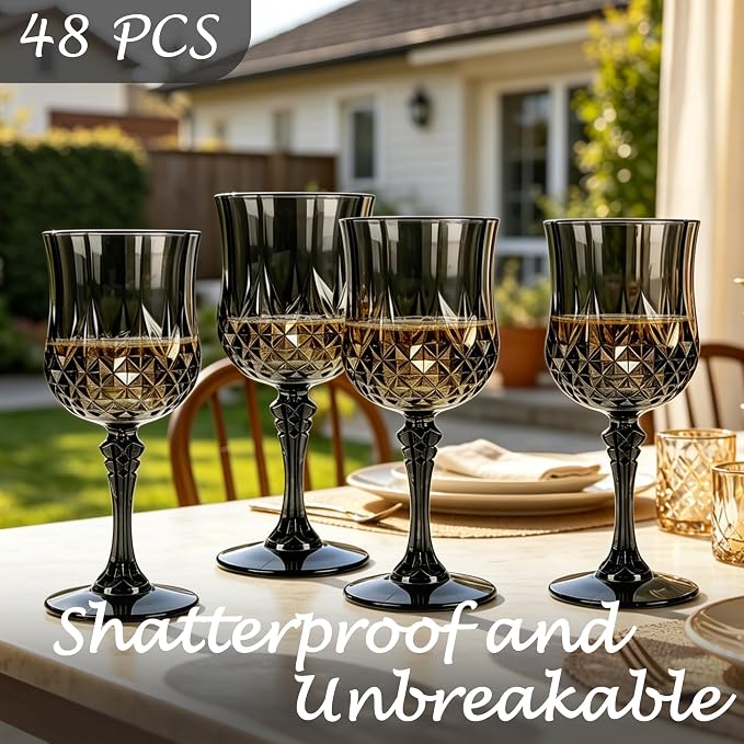 Plastic Wine Glasses, Plastic Goblets Vintage Style Cordial Unbreakable Drinking Glasses, Reusable Drinkware for Wedding Reception, Grand Event Party Supplies (48, Black)