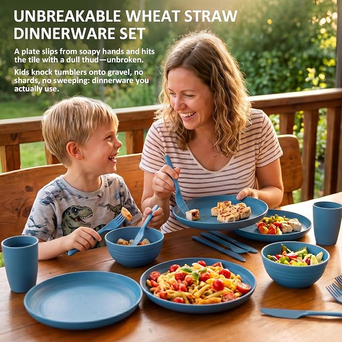 Wheat Straw Dinnerware Sets 24 Piece, Unbreakable Plates and Bowls Sets for 4, Reusable Plastic Dishes Set, Microwave and Dishwahser Safe Kitchen Set, Apartment and Kitchen Essentials - Blue