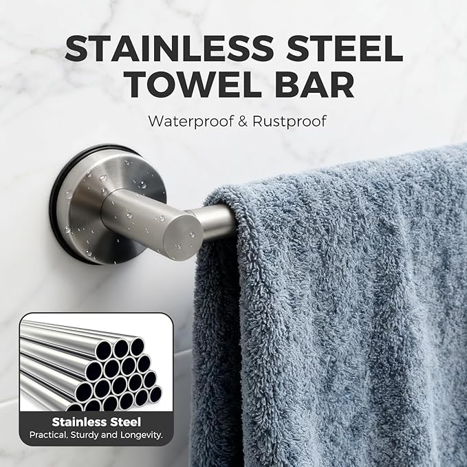 Adjustable Suction Cup Towel Bar for Bathroom Wall,17 Inch~29 Inch Towel Racks for Bathroom,Stainless Steel Bath Towel Holder for Shower(Brushed Silver)