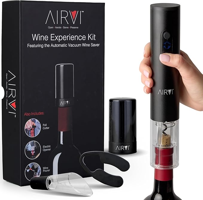 Electric Wine Opener Kit (4-Piece Set) - Includes Automatic Sealer Vacuum Pump, No-Spill Aerator Pourer Spout, and Foil Cutter – Premium Gifts, Accessories for Wine Lovers, Drinkers