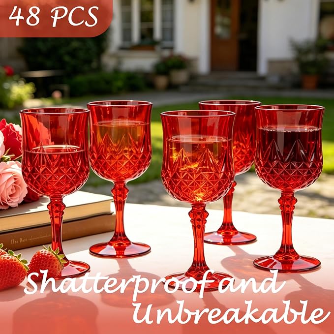 Plastic Wine Glasses, Plastic Goblets Vintage Style Cordial Unbreakable Drinking Glasses, Reusable Drinkware for Wedding Reception, Grand Event Party Supplies (48, Red)