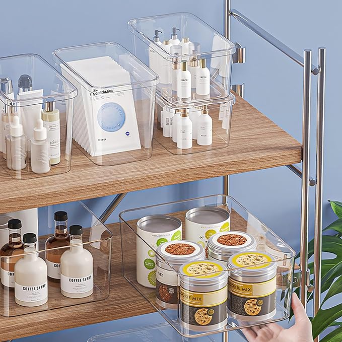 4 Large Lidded Plastic container, Clear Stackable Storage Boxes for Cabinets, Organization and Storage for Shelves Office Bathroom