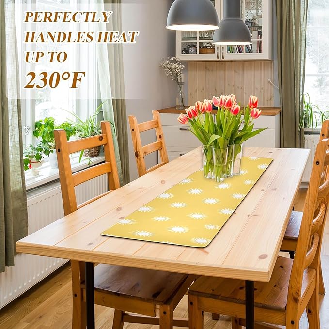 2 in 1 Table Runner Trivet for Hot Pots and Pans Heat Resistant Non Slip Waterproof 39 x 12 Inch Decorative Table Protector for Kitchen Countertop Simple Yellow Sun