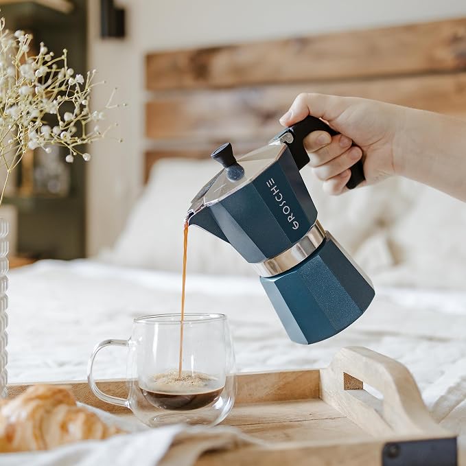 GROSCHE Milano Stovetop Espresso Maker Moka Pot 3 espresso Cup - 5 oz, Blue -Moka Espresso Coffee Maker Stove top coffee maker Moka Italian espresso greca coffee maker brewer percolator