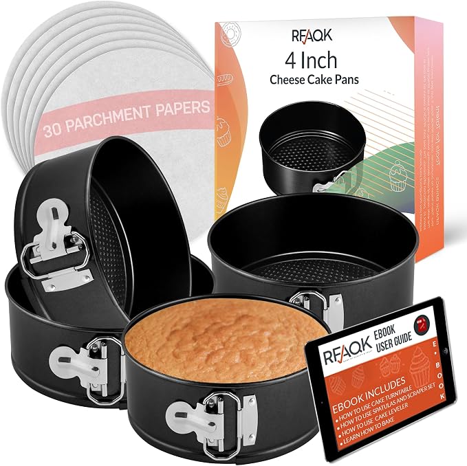 RFAQK 4 Inch Mini Cheesecake Pans Leakproof, 4pcs Small Nonstick Springform Pans with Removable Bottom, Includes 50pcs Parchment Papers, E-Book, Perfect for Baking Mini Cakes, Pizzas, Quiches & More!