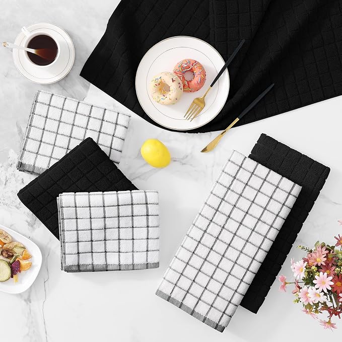 Homaxy Premium Cotton Kitchen Towels 16"x 28", Large Natural Ring Spun 390 GSM Dish Towels, Super Absorbent Terry Kitchen Hand Towels, Soft Tea Towels with Hanging Loop, Black Check Design, 12 Pack