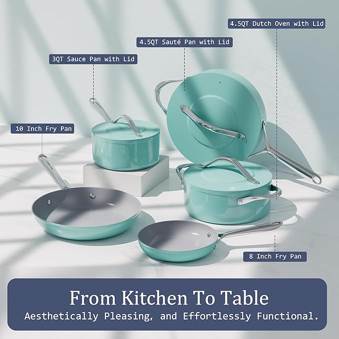 Healthy Ceramic Nonstick Cookware Set-11″ 4.5qt Non-Toxic Ceramic Sauté Pan w/ Lid & 10″ Nonstick Ceramic Frying Skillet, PTFE/PFOA/PFAS Free, Oven & Dishwasher Safe, All Cooktops Compatible, Even Hea