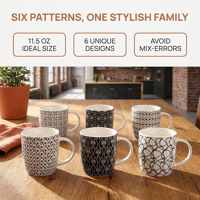 Okllen 6 Pack 11.5 Oz Coffee Mugs Geometric Textured, Ceramic Coffee Mugs Stylish Tea Cup Mugs Set Gift for Latte, Cappuccino, Milk, Water, Cocoa, Cereal, Black and White
