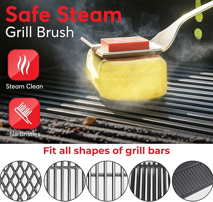 Grill Brush Bristle Free - Safe Grill Brush for Outdoor Grill, SteamWizards BBQ Grill Cleaner Brush Kit, Replaceable Head, Fire Resistant Grill Scraper Tool, Dishwasher Safe - Men/Dad