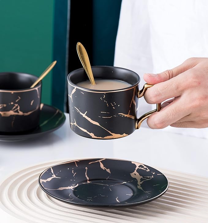 Jusalpha Serve of 4- Hand Printed Golden Matte Ceramic Marble Tea Coffee/Tea Cups with Spoons and Cup Holder, 7OZ -TCS26 (Black/Gold, Serve of 4)