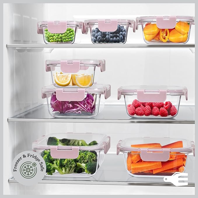 Emporio Kitchen Borosilicate Glass Food Storage Containers with Lids 24 Pieces, BPA-Free Stackable Lunch & Leftover Containers, Microwave, Freezer & Dishwasher Safe, 100% Airtight Leak-Proof, Pink