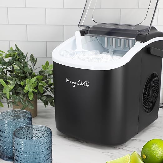 MegaChef 26 Pound Countertop Bullet Ice Maker, Basket and Scooper, Countertop Ice Machine, Easy-Carry Portable Ice (Black)
