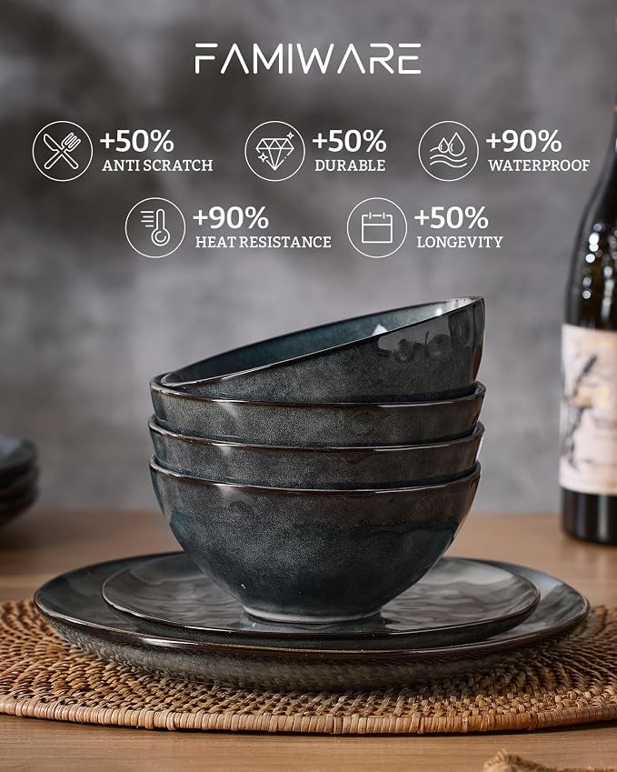 Famiware Dinnerware Sets for 4, Ocean Round 12-Piece Kitchen Plates and Bowls Sets, Reactive Glaze, Microwave and Dishwasher Safe, Scratch Resistant, Deep Forest