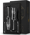 Wedding Cake Knife and Server Set, Mr and Champagne Flutes with Wedding Cake Cutting Set for Bride and Groom Toasting (Clear)